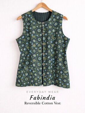 Fabindia Reversible Cotton Vest Green Blue Block Print Boho S